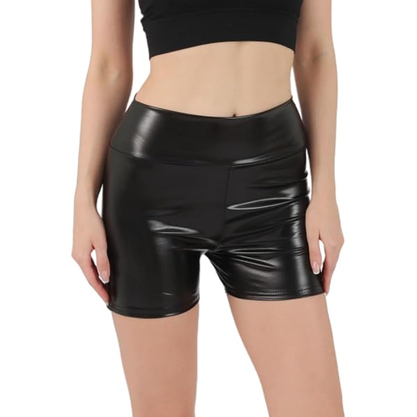 Short Métallique Femme à Paillettes - Cuir Synthétique Brillant, Taille Haute, Extensible - Pour Soirée, Boîte, Danse, Fête