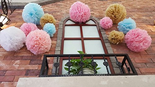 Bliqniq 12x Seidenpapier pompoms Papierblumem deko Dekoration für Hochzeit Geburtztag Baby Shower Rosa/Gold/Hellblau/Hellrosa/Weiß(20,25,30,35cm) - 3