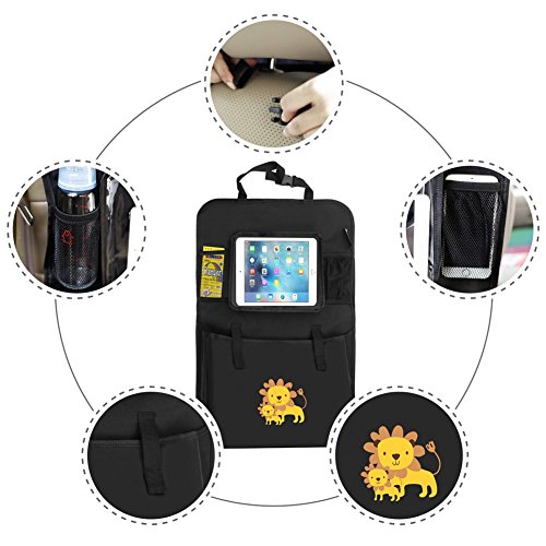 Auto Rückenlehnenschutz , Zuoao Rückenlehnen Tasche Trittschutz mit Rücksitz-Organizer, Rückensitztasche mit Multifunktionen, Kinder Rücksitzschoner Kick-Matten-Schutz für Auto,1 Stück, Schwarz (Löwe) - 3