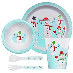 St Stehlen Exclusive Snow Man Design, Melamine Kids Set, 5-Pieces (1 x Plate, 1 x Bowl, 1 x Glass, 1 x Spoon, 1 x Fork) - Snow Man Design