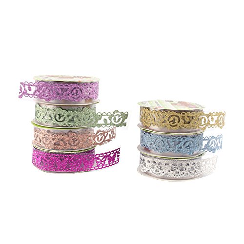 5 Rollen Lace Decor Kreatives Klebebänder Glitter Gold Pulver Spitzenband Selbstklebend Washi Tape Spitze Dekobänder Papier Aufkleber Kunsthandwerk DIY – ca. 100×18 mm (Silber) - 7