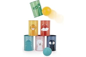 Janod - Tiro al Barattolo - Tutti gli Animali - Gioco di Abilità e all'Aperto - 6 scatole di metallo e 2 palle di schiuma - Abilità Fino-Motorie - Dai 3 Anni, J07726