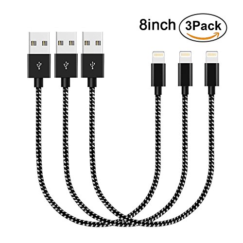 Lightning Cable,WZS 3Pack 8 Inch Short Braided Apple iPhone Charger Cable Charging Lead Cord USB Wire for iPhone 7/7 Plus/6S Plus/6 Plus/5/5S/5C/SE,iPad Pro/Air/mini,iPod(Black)