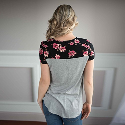 Damen T-Shirt!Sannysis Damen Blumen Spleißen Drucken Tasche Rundhals T-Shirt (M, Grau2) - 4