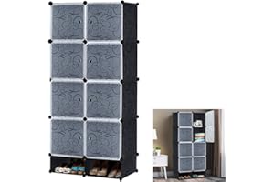YUENFONG Kleiderschrank Regalsystem aus 8 Würfeln PP Material, Garderobenschrank mit Türen, Schuhschrank Tragbarer Steckregalsystem, für bücher Kleidung Spielzeug(Schwarz)