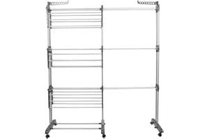 RELOVE Tendedero de Ropa Plegable Vertical,Tendedero de Ropa Tipo Torre de Tres Estante Plegable con Cuatro Ruedas, Espacio de Secado, con Capacidad para 15 KG (75-142,5*64*170cm (Gris))