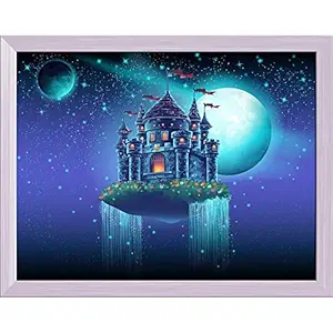 Pitaara Box Flying Castle Space with Waterfalls Canvas Painting White Synthetic Frame 15.4 x 12 inch (39 x 30 cms)