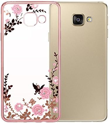 Skitic Clear Secret Garden Case for Samsung Galaxy C7, Butterfly Floral Flower Bling Crystal Rhinestone Diamonds Electroplate Plating Frame Soft TPU Bumper Transparent Protective Back Cover - Rose Gold