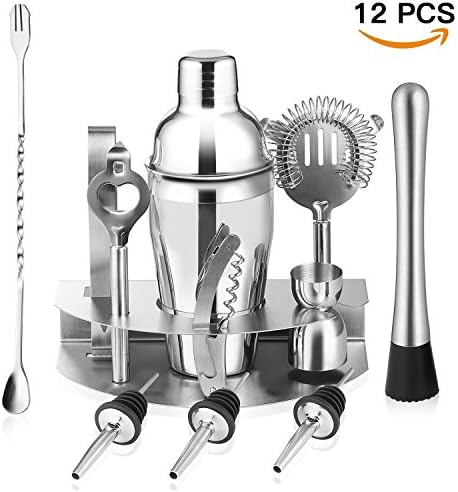 Cocktail Bar Set 12 Piece Cocktail Shaker Kit With Bartender's Professional Shaker, Strainer, Jigger, Liquor Pourers, Stainless Steel
