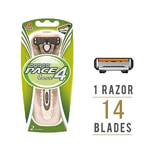 Dorco Pace 4 Manual Razor for Men: Four-Blade Technology – Pivoting Head for Maximum Coverage – Lubrication Strip with Chamomile – Sensitive Shaving System 14 Blades + 1 Handle