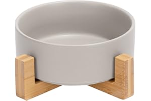 SPUNKYJUNKY Comedero de cerámica para Perros y Gatos con Soporte de bambú (400ml, Gris-1)