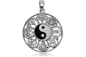 Talismanic Silver of London Pendentif Yin Yang Feng Shui avec 8 Symboles bouddhistes de Protection en Argent Massif Sterling 925