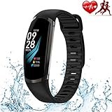 JIHUIA IP68 Wasserdicht Fitness Tracker, Armband Mit Puls Blut Druck Monitor Schrittzähler Clever sehen Anruf/SMS Erinnerung IOS/Android,Black