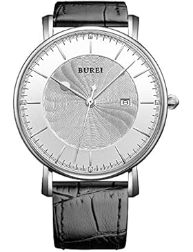 BUREI® Herren-Armbanduhr Ultradünnes Großes Ziffernblatt Quarz Uhr mit schwarzem Kalbslederarmband, weißes Drehwuchs-Ziffernblatt