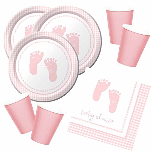 48-teiliges Party Set Baby Füßchen rosa - baby shower - Teller, Becher, Servietten für 16 Personen