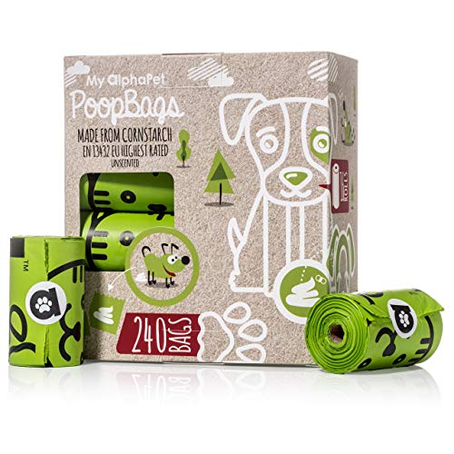 My AlphaPetBolsas Caca Perro Biodegradables  Respetuosa con el Medio Ambiente  EN13432 La Mejor Valorada  16 Rollos 240 Bolsitas  Tamaño Grande 23x33cm  Bolsas Caca Perro Anti Goteo