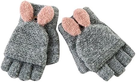 Kids Half Finger Gloves with Mitten Cover - 2 in 1 Winter Warm fingerless Knitted Gloves (Grey2)
