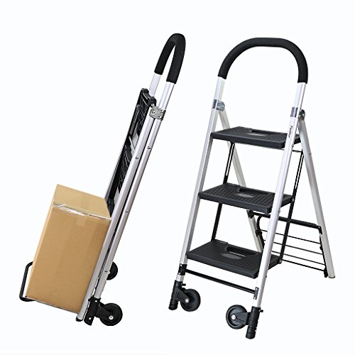Finether 2-in-1 Klapptrittleiter & Sackkarre | Alu Leiter Klappleiter Trittleiter Klapptritt Stufenleiter Stehleiter Haushaltsleiter klappbar 3 Stufen bis 180 kg belastbar | Transportkarre Handkarre Paketroller Kistenkarre mit 2 Rädern faltbar bis 60 kg belastbar