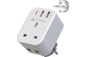 AUNNO UK to European Plug Adapter, PD 20W Fast Charging Grounded European Adapter with Shaver Plug, Adapter with 2 USB Ports and 1 USB-C Port for Germany France Spain Greece Poland etc (Type E/F)