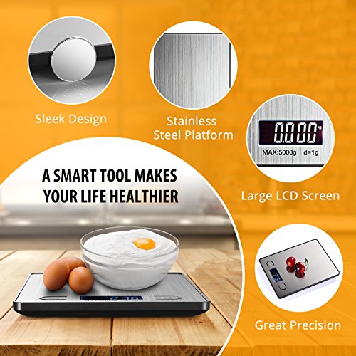 Topop Digitale Küchenwaage 11lb 5kg Gewichtskapazität 4 Maßeinheiten heller LCD-Schirm Silber Edelstahl - 5