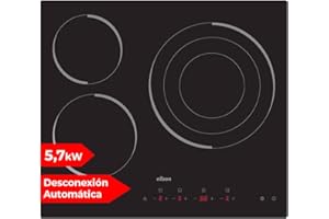 Nilson Placa Vitrocerámica Cristal Negro NV3600. Potencia máx. 5700 W, 3 Zonas de Cocción, 9 Niveles de Cocción, Control Táctil, Bloqueo y Autodesconexión de Seguridad, Diámetros 16-20-30 cm