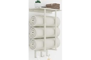 BETHOM Towel Racks Wall Mounted, Bathroom Wall Towel Rack with Shelf & 3 Hooks, Towel Holder wall mounted Can Storage 3 Large Bath Sheets Towels, White