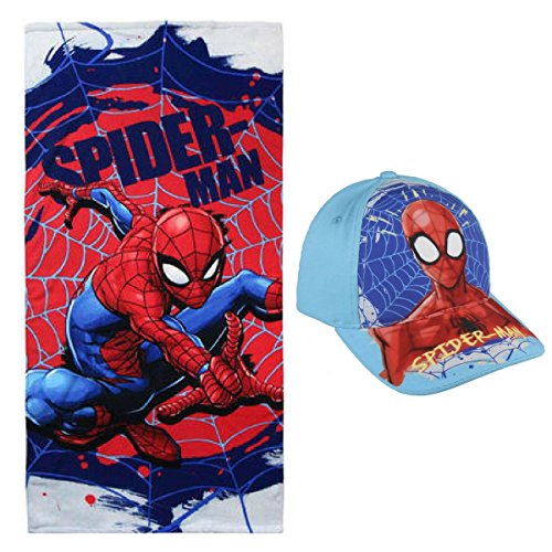 Toalla de Playa niño Spiderman Marvel + Gorra + Regalo, Color Rojo - microfibra suave 140x70 cm. niños - Spiderman Beach Towel + Cap