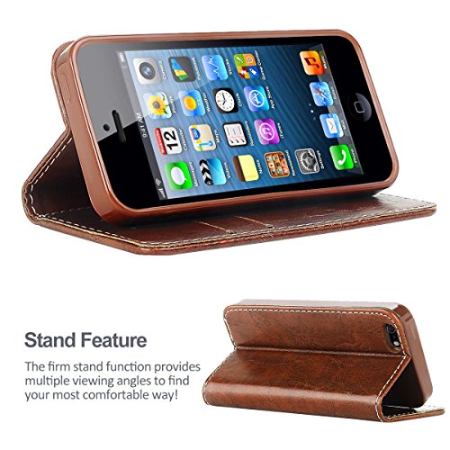 iDoer iPhone 5S Funda con tapa libro piel y TPU cartera cover Funda de cuero carcasa bumper protectores iPhone 5 estuches soporte flip Case para Apple iPhone 5 5S SE caf  
