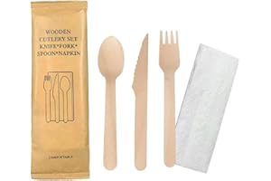 RICOFOT 100 kits de couverts 4 en 1 jetables en bois fourchettes + couteaux + cuillères +serviettes