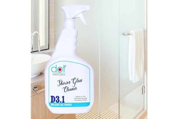 DOT Shower Glass Cleaner For Bathroom 750ml Acid Free & Eco-Friendly Remove Heavy & Tough Lime Scale Salt and Hard Water Marks Shower Door Bottom Stains All Types of Glass Surfaces