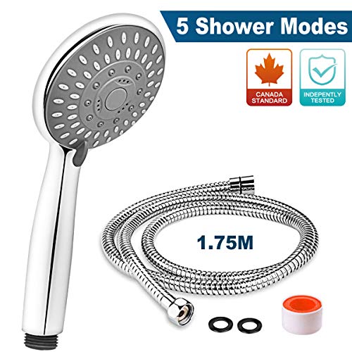 ADOVEL Soffione Doccia + 1.75M Flessibile Doccia, 5 Modelli di Spray, Soffione Doccia Universale con Tubo Doccia in Acciaio Inox, Teflon e Guarnizioni - Cromato