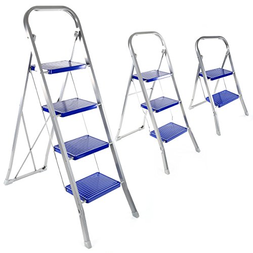 Klapptritt / Haushaltsleiter 2-, 3- oder 4-stufig aus Stahl in Silbergrau / Blau (4-Stufig)