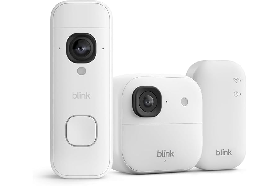 Blink Outdoor 2K+ Kamera mit Blink Videotürklingel 2K+ Batterie (neueste Generation), Weiß, inkl. Sync Module Core