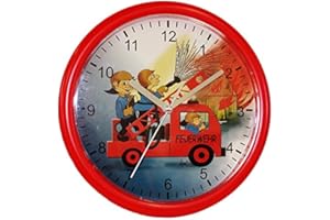 Eurotime Kinder Wanduhr Feuerwehr, kein Ticken, schleichende Sekunde (geräuscharm) 25 cm; 80025-01