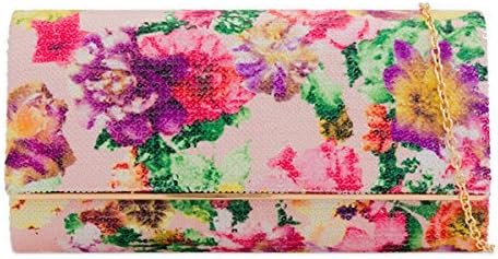 Womens Ladies Floral Print Sequin Foldover Party Evening Dressy Occasion Hand Clutch Bags - N9 (ONE SIZE, PINK)