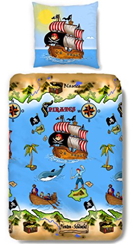 Aminata Kids - Jungen-Kinder-Bettwäsche 135x200 cm Pirat Seeräuber Piratenschiff Schatzinsel blau hochwertige Baumwolle Schatz Insel