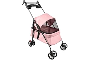 HUOLE Cochecito para Perro y Gato con Cesta de Almacenamiento, 4 Ruedas, Todo Terreno, Cochecito Plegable para Perros, Ligero y Práctico Desmontable - 50 * 70 * 95 cm - Rosa