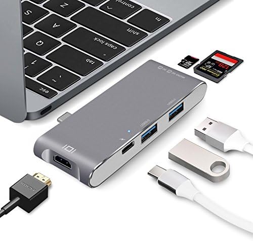 WolinTek USB C Hub, 4K HDMI Port, SD + Micro SD/TF Card Reader, 2 USB 3.0 Data Transfer Ports, USB C Power Delivery Port, USB Type C Hub for MacBook 12", MacBook Pro 13" 15" 2016/2017 - Space Gray