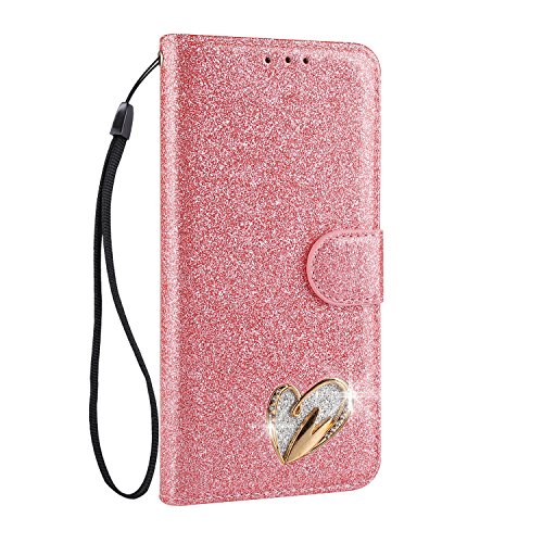 For Galaxy S8 Plus Case [Free Tempered Glass Screen Protector], Luxury Bling [Loving Heart Diamond] Design Wallet Case [Stand Function] Case Cover For Samsung Galaxy S8 Plus (Pink)