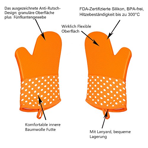 Leesentec Bilayer Hitzerbeständige Ofenhandschuhe, Silikon, 2x Pack, Backhandschuhe, Topfhandschuhe, Grillhandschuhe (Orange) … - 2