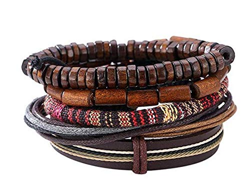 Men's mixed bracelets adjustable handmade multi strand braided cowhide bracelets woven leather wristbands wooden beads bracelet wrist