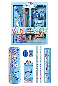 Brand Conquer Combo of Sea World (Glitter) with Kids Cartoon Hello Kitty Printed Stationary Set for Girls Boys - with Pencil case,Two Pencils Eraser, Scale, Sharpener and Crayon.