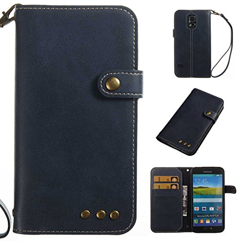Galaxy S5 Case, CONBER Simple Style Case with [Free Tempered Glass Screen Protector][Card Holder][Hand Strap], Premium Leather Wallet Flip Case with Stand Cover for Samsung Galaxy S5-(Royal Blue)