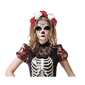 EL CARNAVAL Diadema de Flores Blancas y Rojas al Estilo Catrina