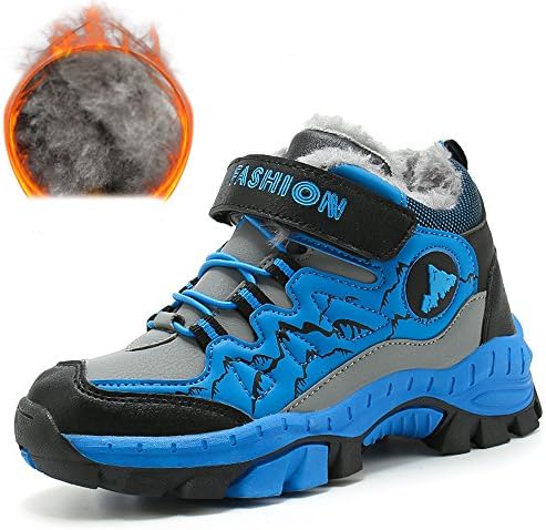 Xinglan Kids Waterproof Climbing Hiking Shoes Boys and Girls Winter Outdoor Running Sneaker Fur Lined Snow Boots Velcro Sports Shoes Gray 33