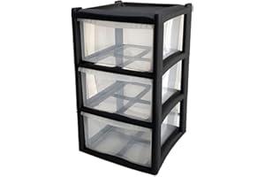 AAD 3 Tier Black Drawers Cabinet | Plastic Drawers Storage Unit | A4 Office Storage Tower | H62 x L38x B37cm