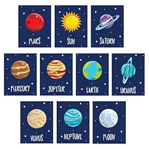 INKOLOGIE Outer Space Galaxy Planets Nursery Kids Bed Hanging Wall Art Decor Poster Print, A4 Size 8.25 x 11.75-inch, Sun, Moon, Earth, Mercury, Mars, Venus, 10-Pack, No Frame