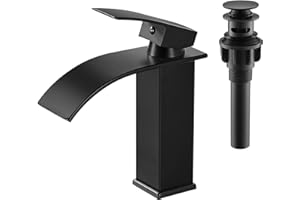 AIMOYO Black Basin Mixer Tap Waterfall Bathroom Sink Tap Single Lever Brass Mono Cloakroom Mixer Taps with Pop Up Drain, Cold and Hot Water Available