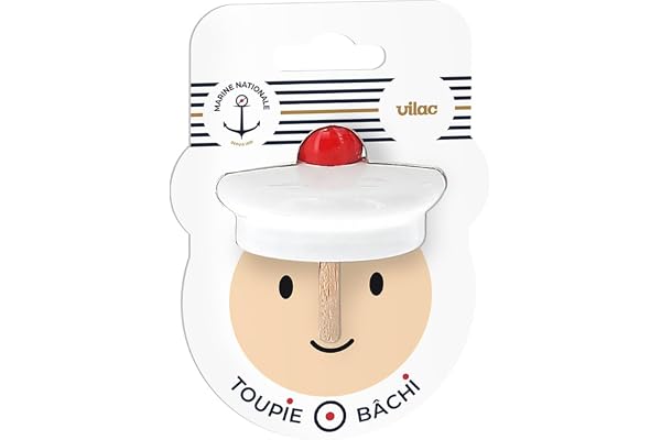 Vilac - Toupie Bâchi - Marine Nationale - Jouet en Bois - Jeu d'Adresse - Toupie avec Coiffe d'un Matelot - Blanc et Rouge - pour Enfants à Partir de 3 Ans