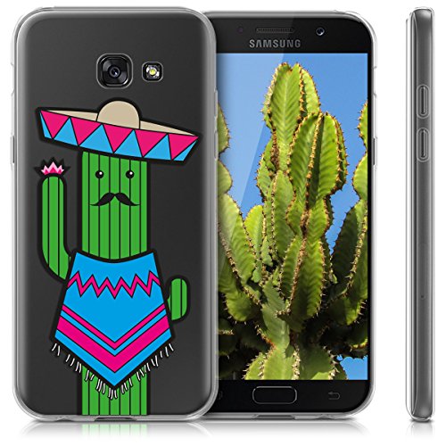 kwmobile Funda para Samsung Galaxy A5  2017  - Carcasa Protectora de  TPU  con dise  o de Cactus con Bigote en  Azul Verde Transparente 